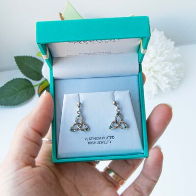 Platinum Plated Trinity Knot Drop Earrings With Green And Clear Swarovski Crystal